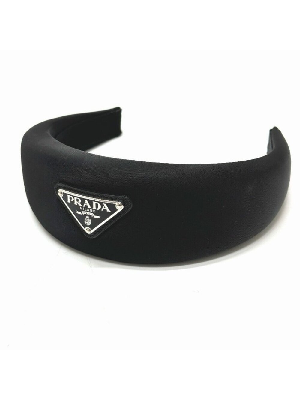 NWT PRADA Triangle logo hair accessory Hair band head band Nylon Black